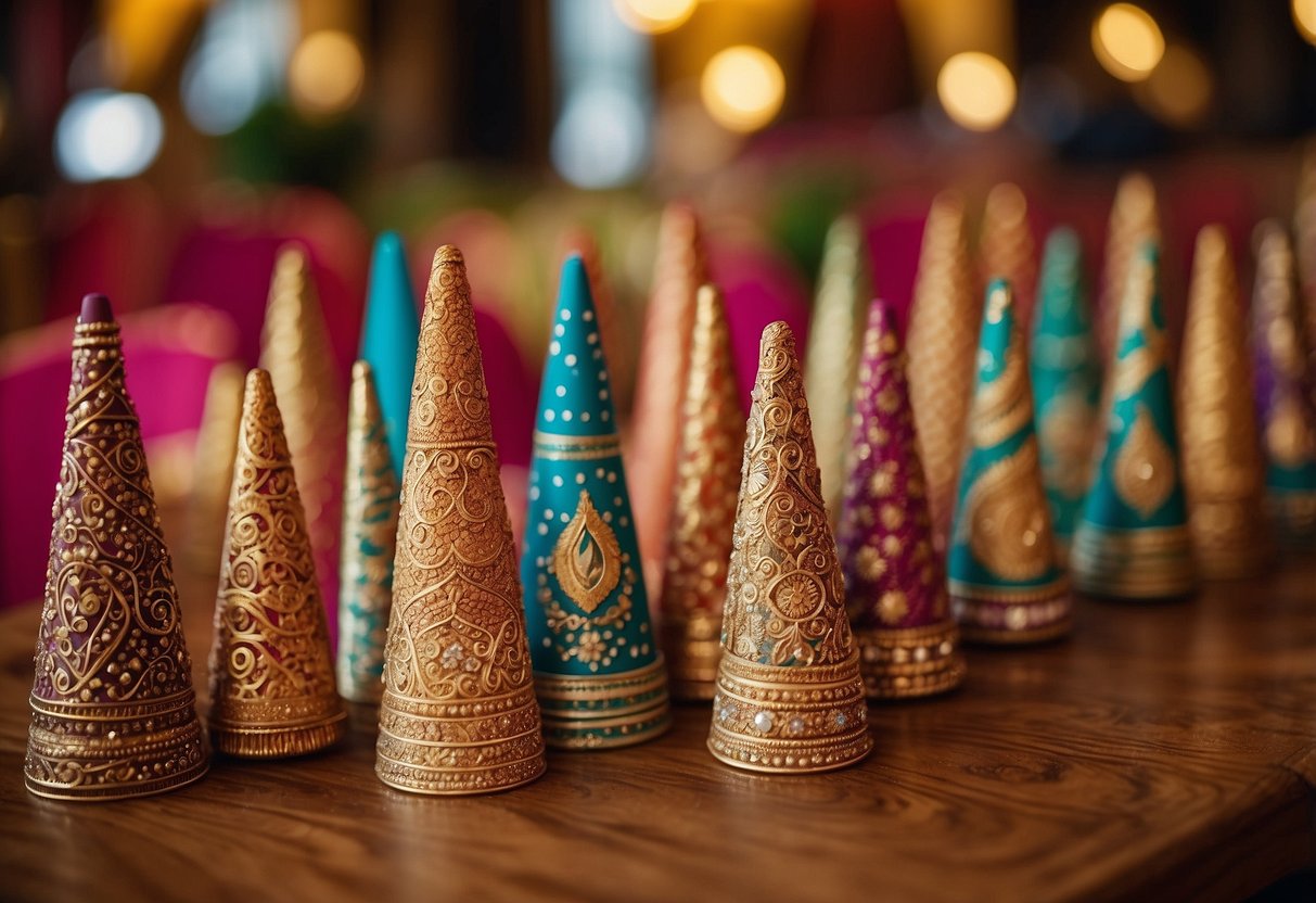 A colorful array of henna cones, intricate designs, and floral patterns on a table, with a vibrant wedding backdrop