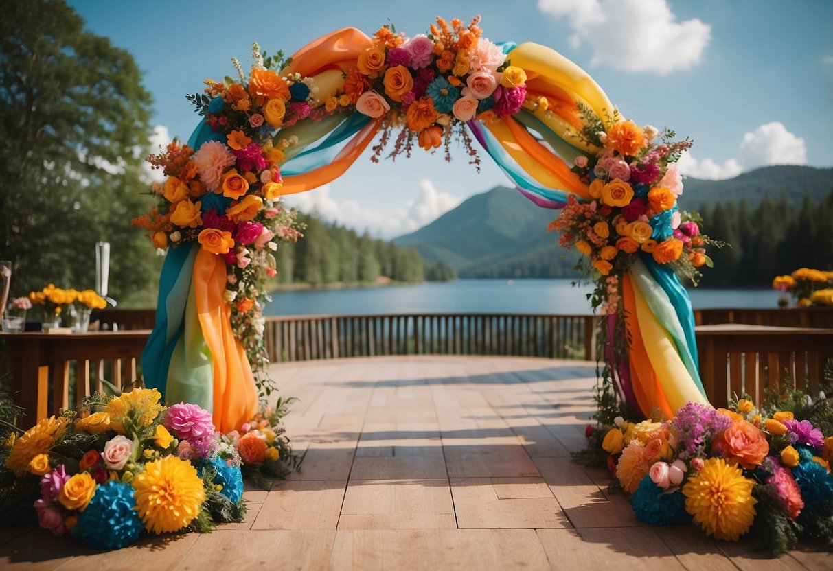 A vibrant rainbow wedding arch stands adorned with colorful flowers and ribbons, creating a groovy and joyful atmosphere