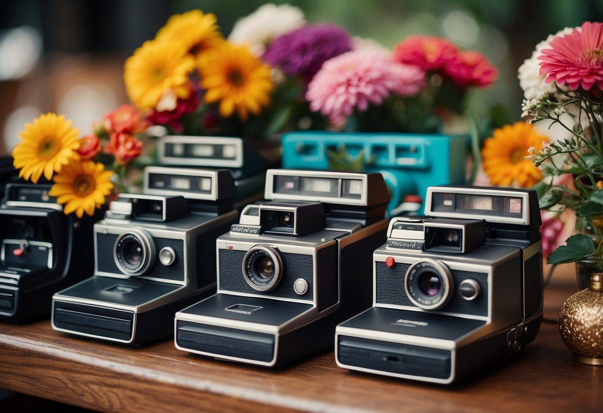 An array of vintage Polaroid cameras displayed on a retro table, surrounded by colorful flowers and bohemian decorations