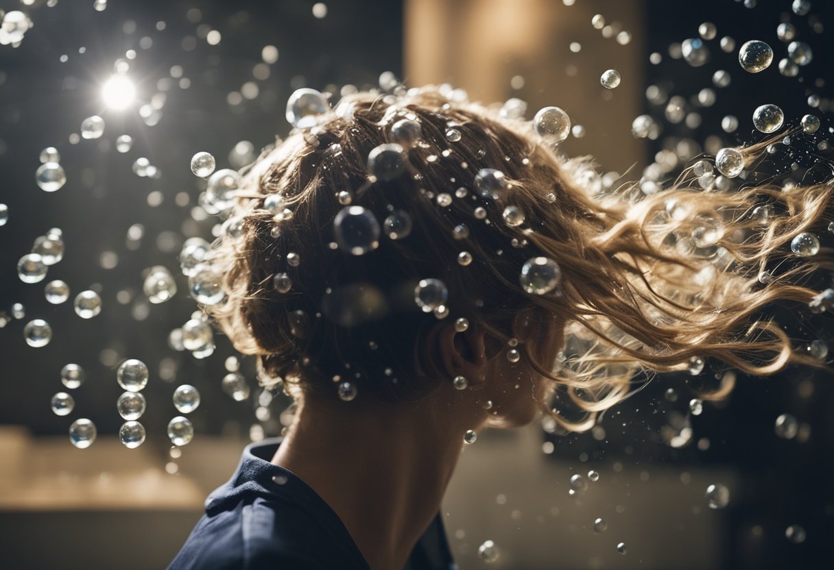 Cabelo limpo, possivelmente com bolhas de shampoo, sendo lavado ou escovado