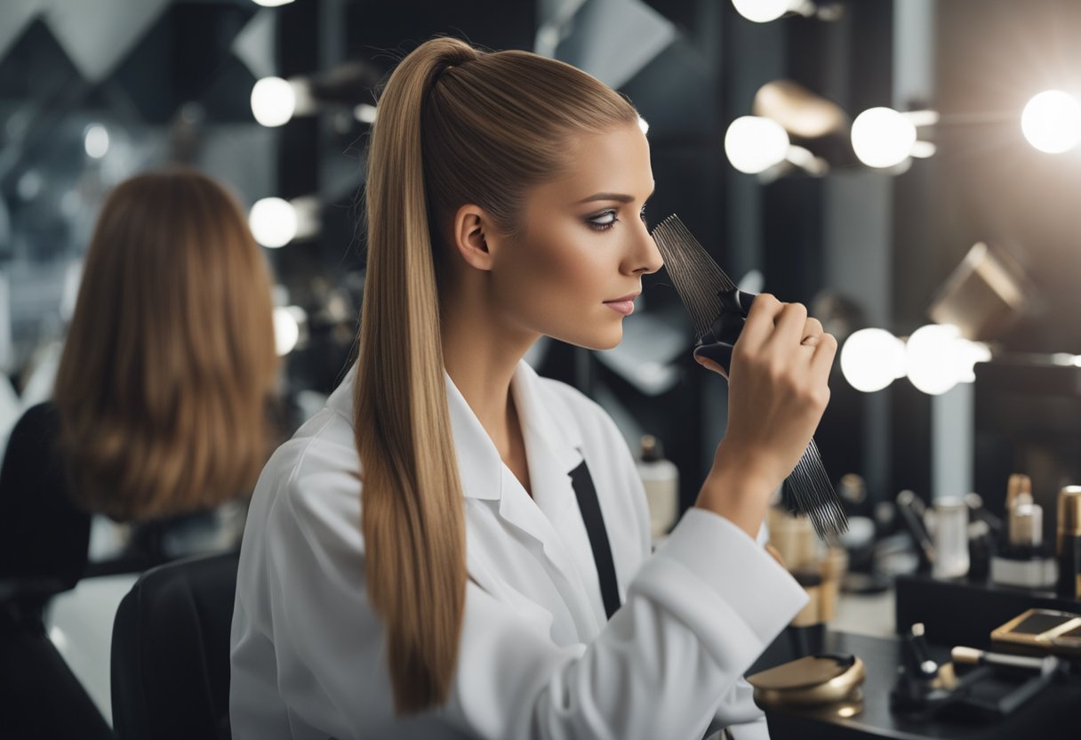 Um estilista se prepara para aplicar mechas no cabelo, reunindo ferramentas e seccionando cabelos limpos