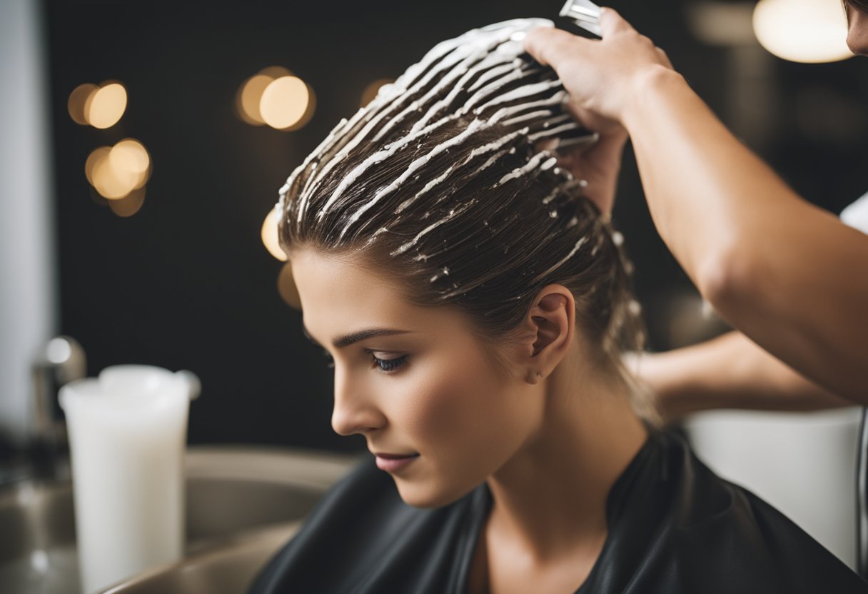 A person's hair being washed and dried before getting hair highlights