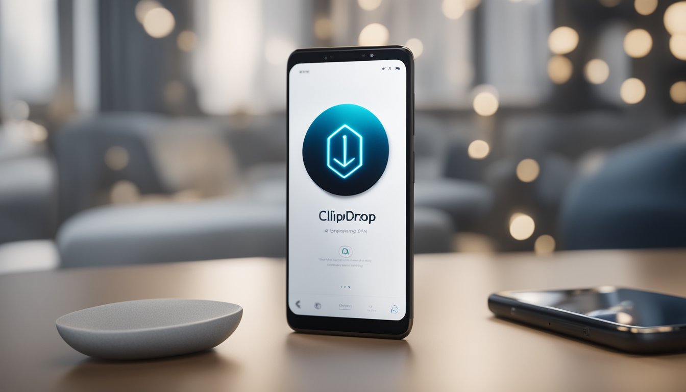 A sleek smartphone displaying the ClipDrop AI logo, surrounded by various key features such as image recognition, seamless integration, and advanced editing tools