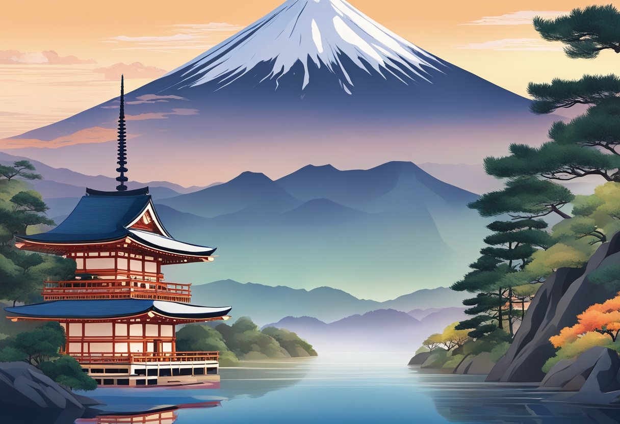 The iconic silhouette of Mount Fuji rises majestically in the background, while traditional Japanese temples and shrines dot the surrounding landscape