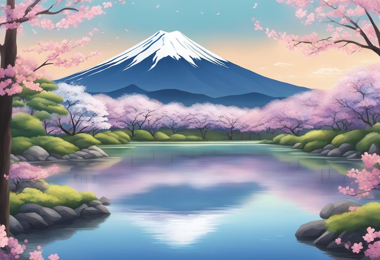 Mount Fuji looms in the distance, surrounded by lush greenery and serene lakes. Cherry blossoms bloom, adding a pop of color to the tranquil landscape