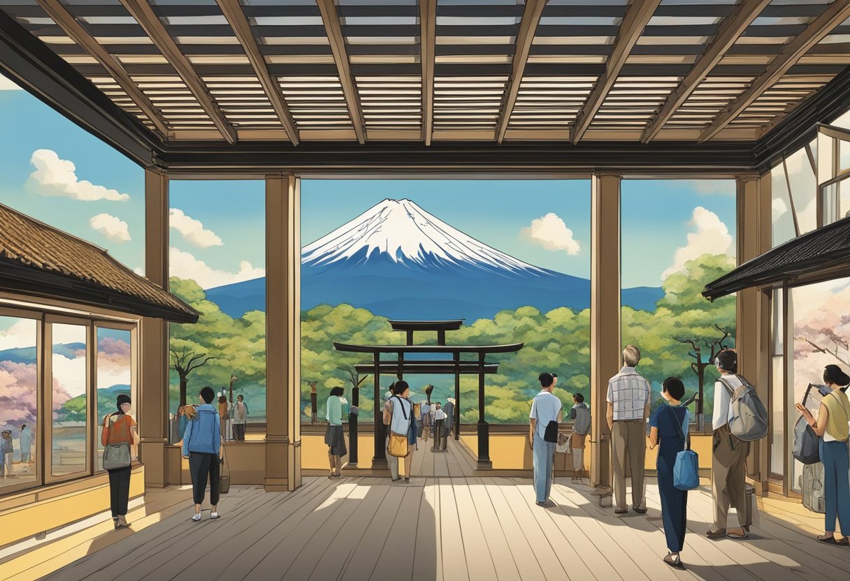 Mount Fuji looms in the background as visitors explore the exhibits in museums and galleries, showcasing the rich history and culture of the area