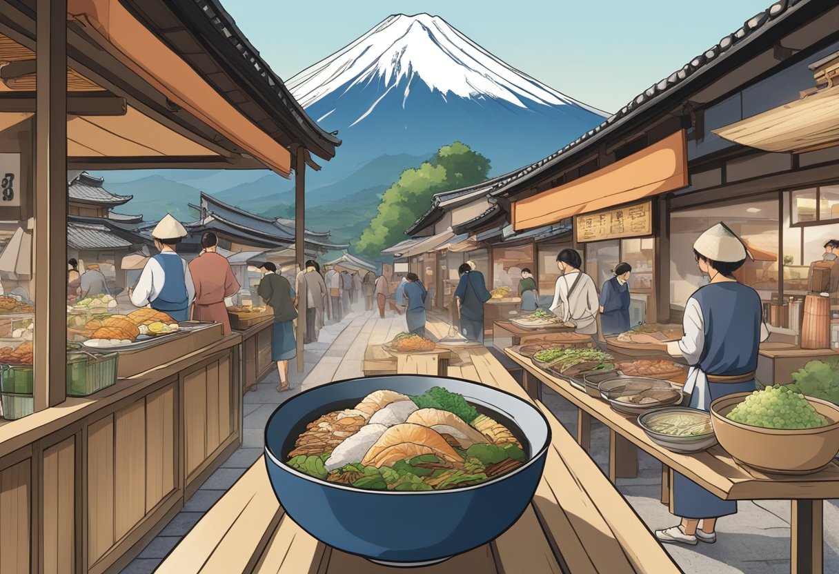 Mount Fuji rises in the background, while a steaming bowl of traditional Japanese cuisine sits on a wooden table. Nearby, a bustling market offers local delicacies