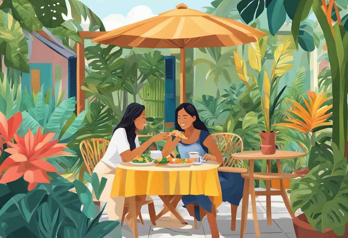 Two Filipino women enjoying a meal at a colorful outdoor cafe, surrounded by tropical plants and vibrant decor