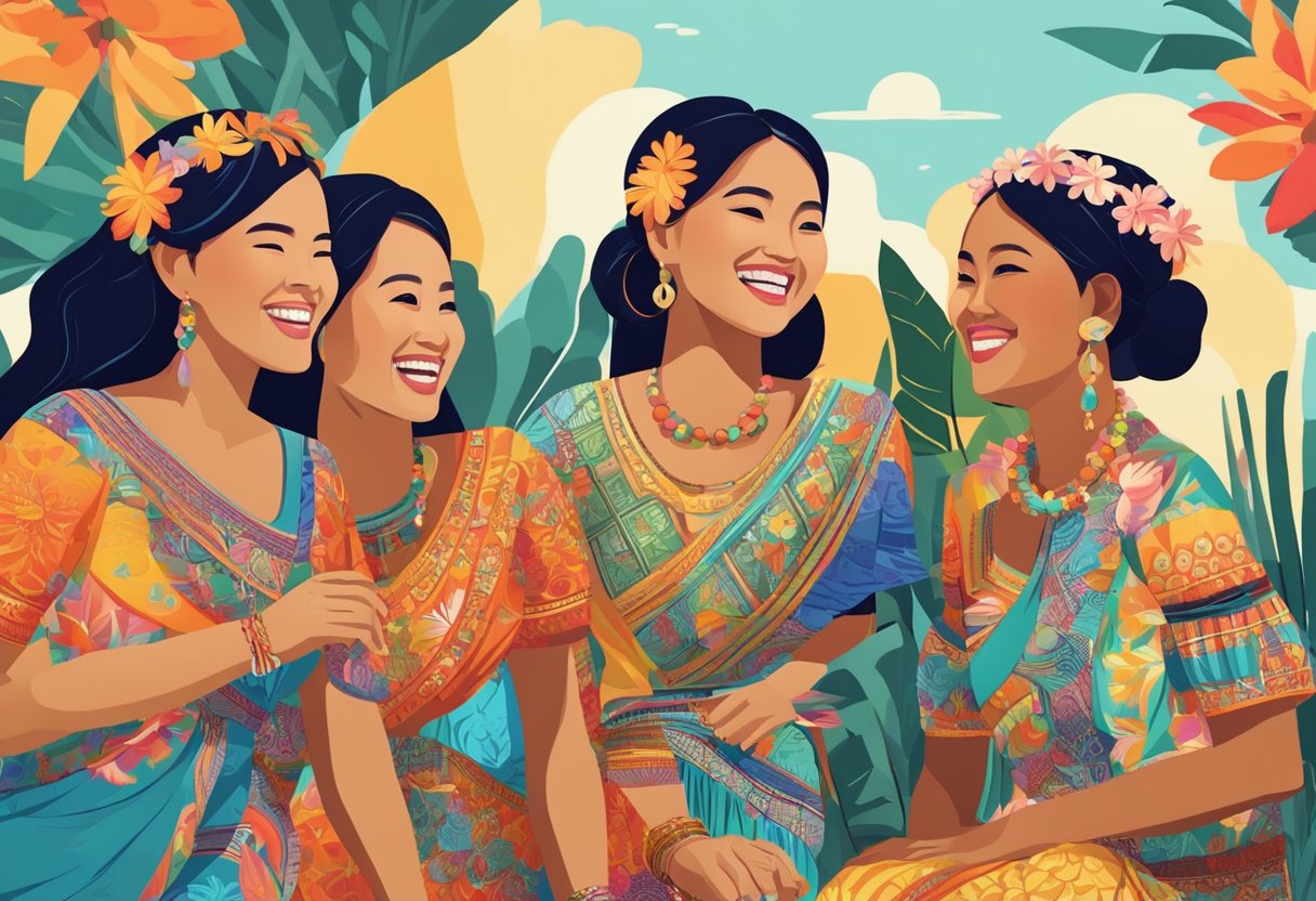 A group of Filipino women chatting and laughing, wearing traditional dresses and accessories, with vibrant colors and intricate patterns