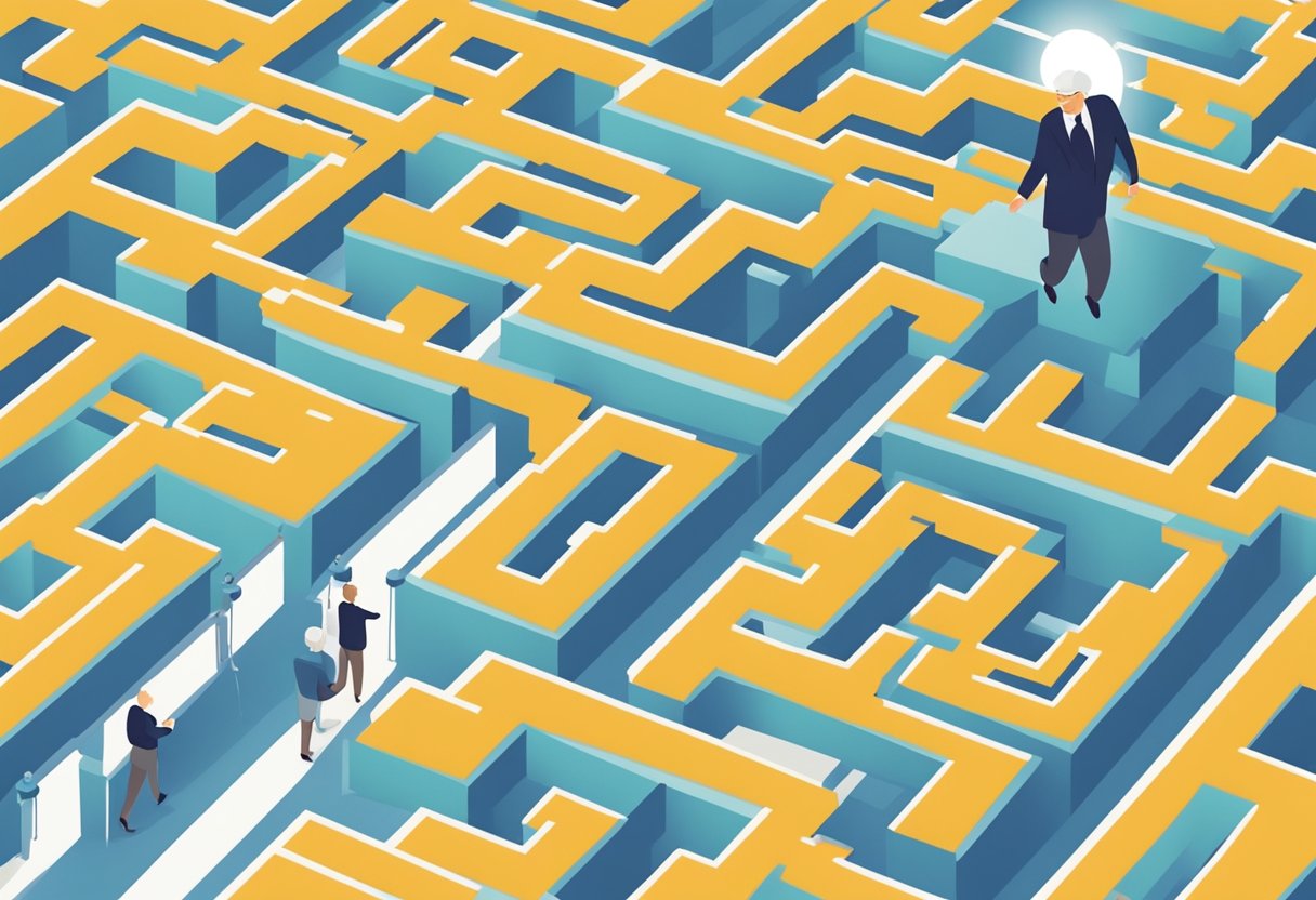 A senior navigates through a maze of affiliate program options, while a helpful guide points to the right path