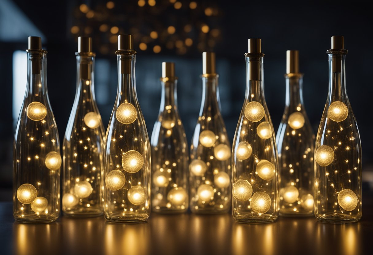 Empty wine bottles are arranged on a table, with LED lights inserted into the necks. The warm glow illuminates the room, showcasing the stylish and eco-friendly upcycled lamps