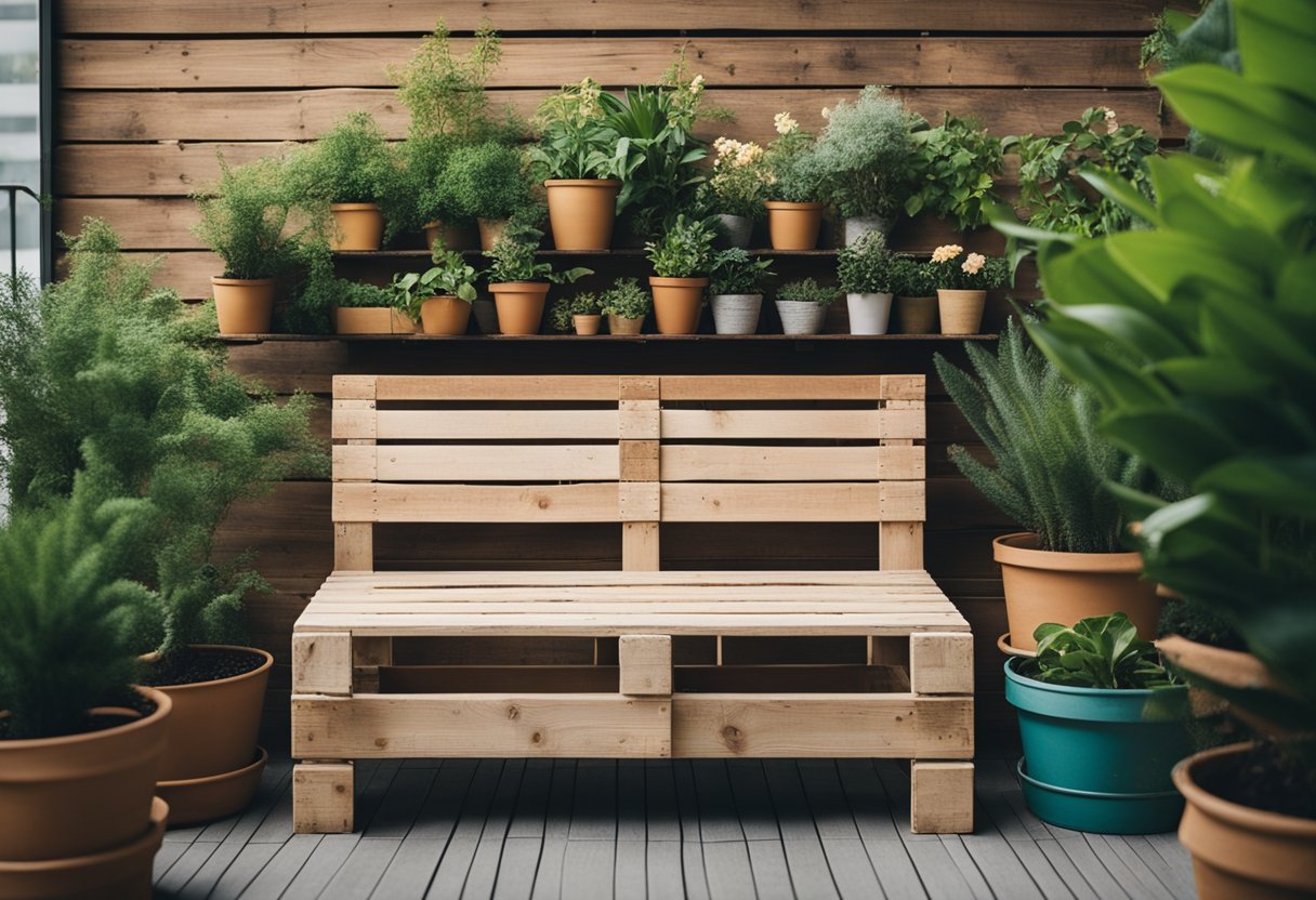 A wooden pallet transformed into a rustic outdoor bench, surrounded by potted plants and a cozy seating area. Upcycling at its finest