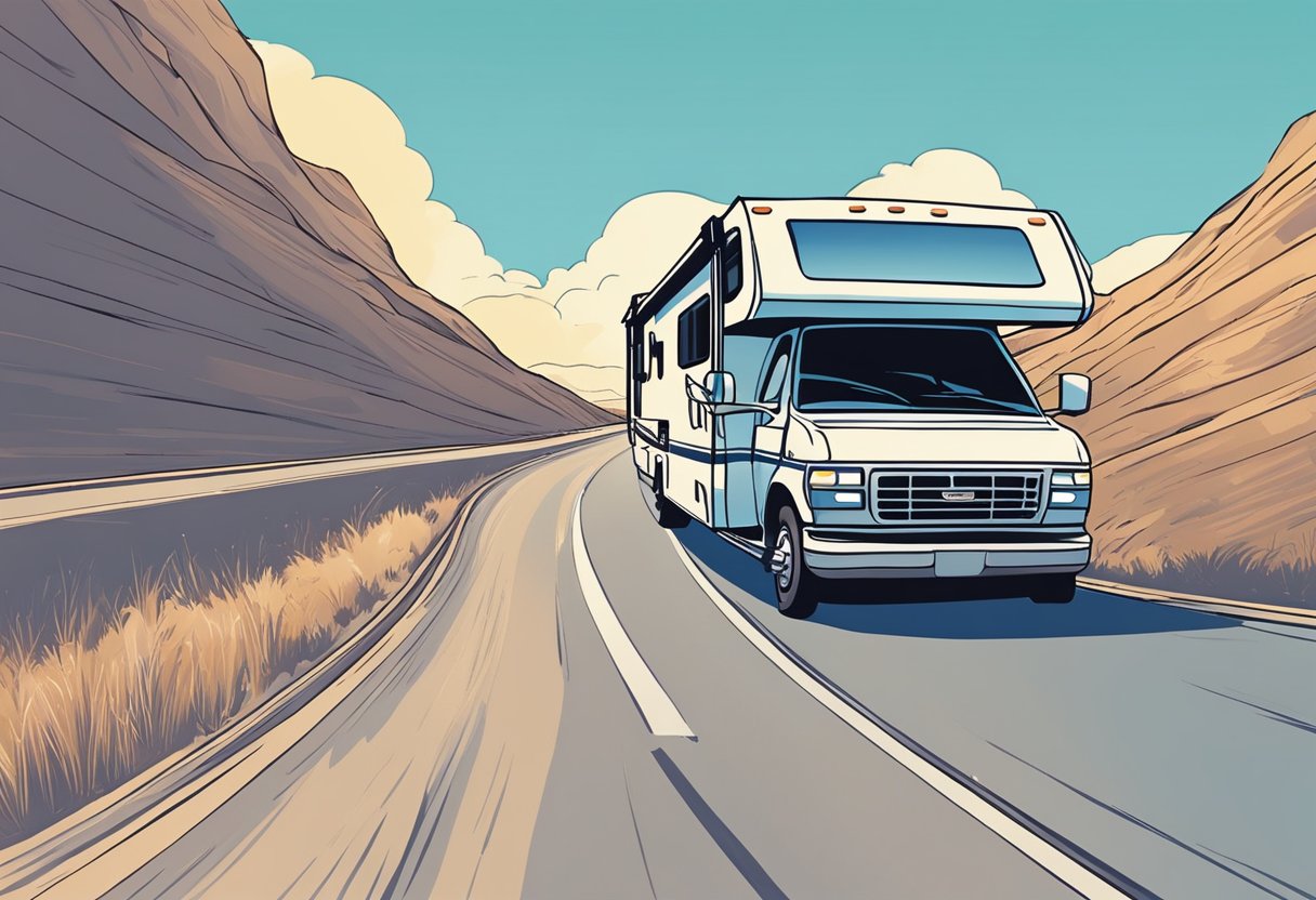 An RV cruising down a long, empty highway, with a clear blue sky and a gentle tailwind pushing it forward