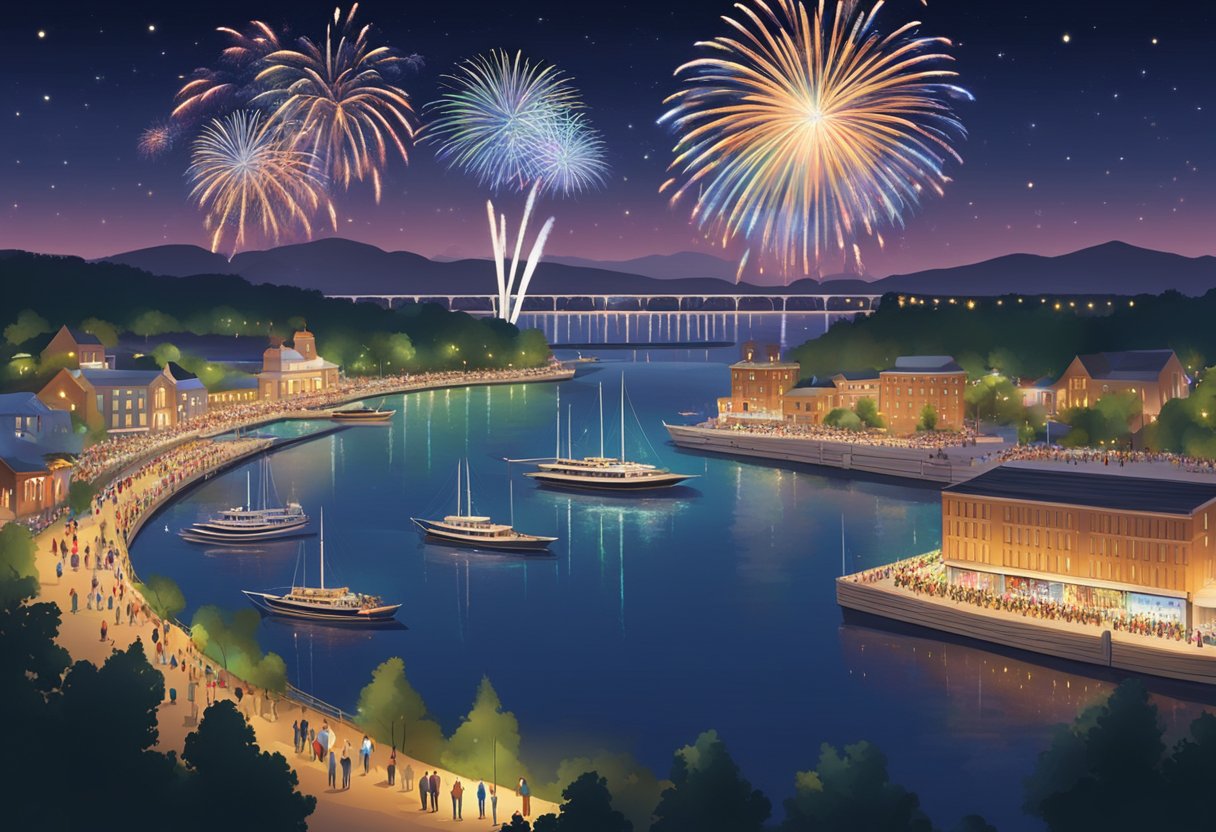 Crowds gather along the riverfront, watching fireworks burst in the night sky. Boats line the water, lit up with festive lights. A stage hosts live music and performances
