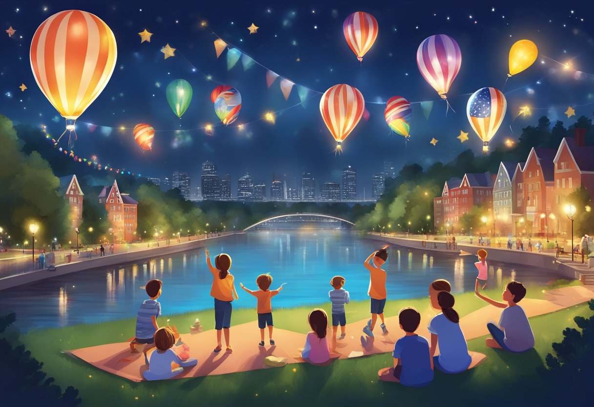 Children playing in a park with flags and balloons, families having picnics, fireworks lighting up the night sky over the river