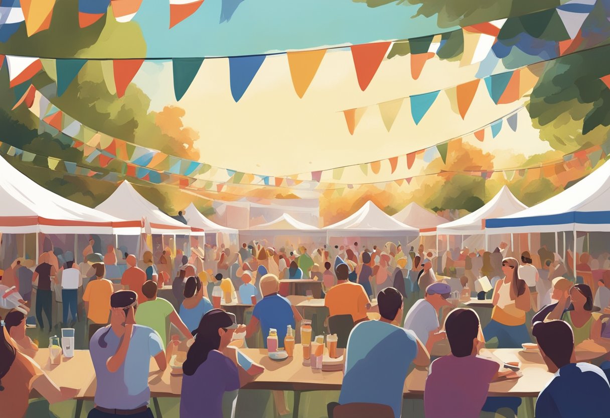 Crowds gather under colorful tents, savoring BBQ and sipping cold drinks. Flags wave in the warm breeze as live music fills the air