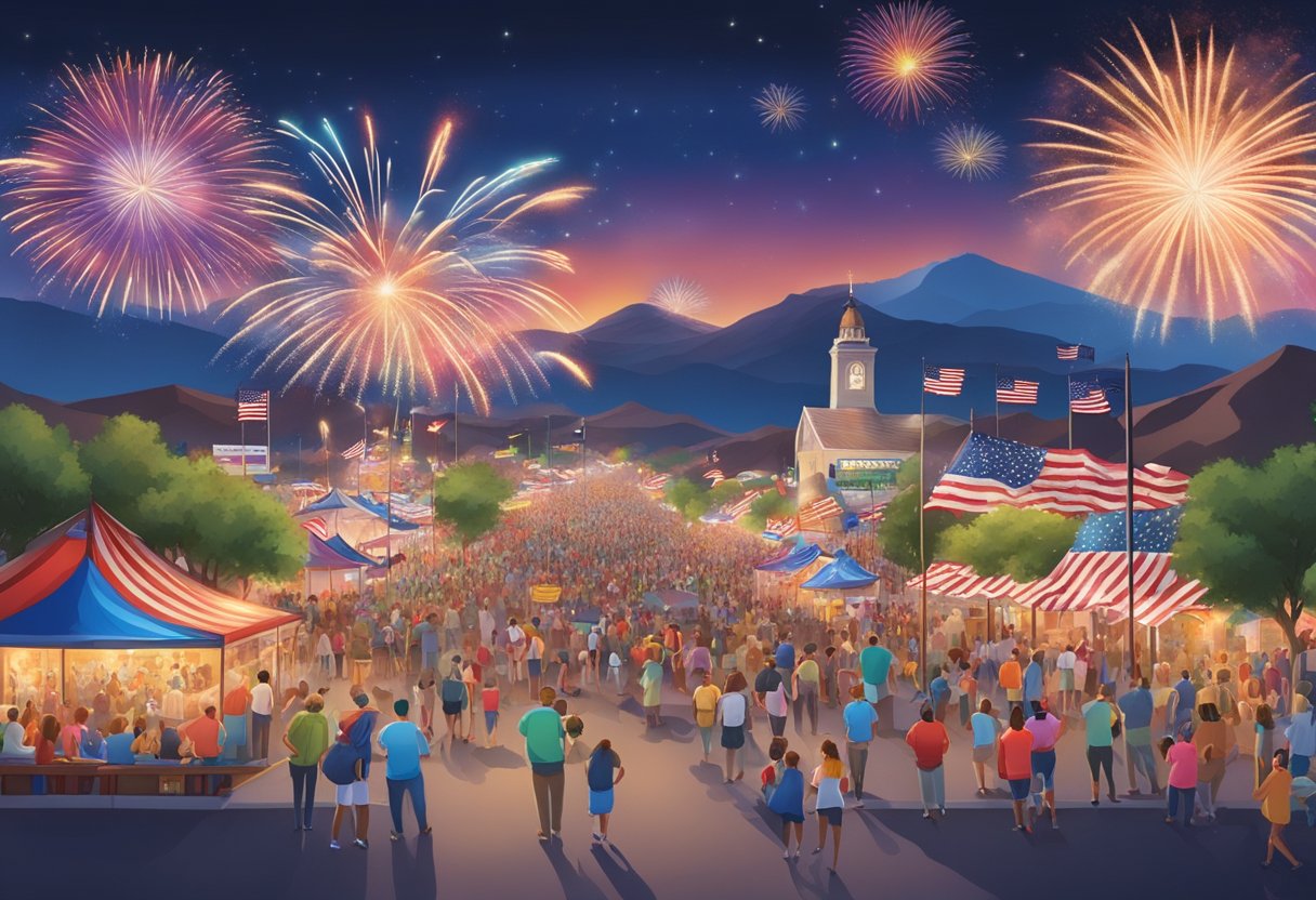 A bustling 4th of July festival in Bullhead City, filled with colorful fireworks, lively music, and joyful crowds enjoying outdoor activities