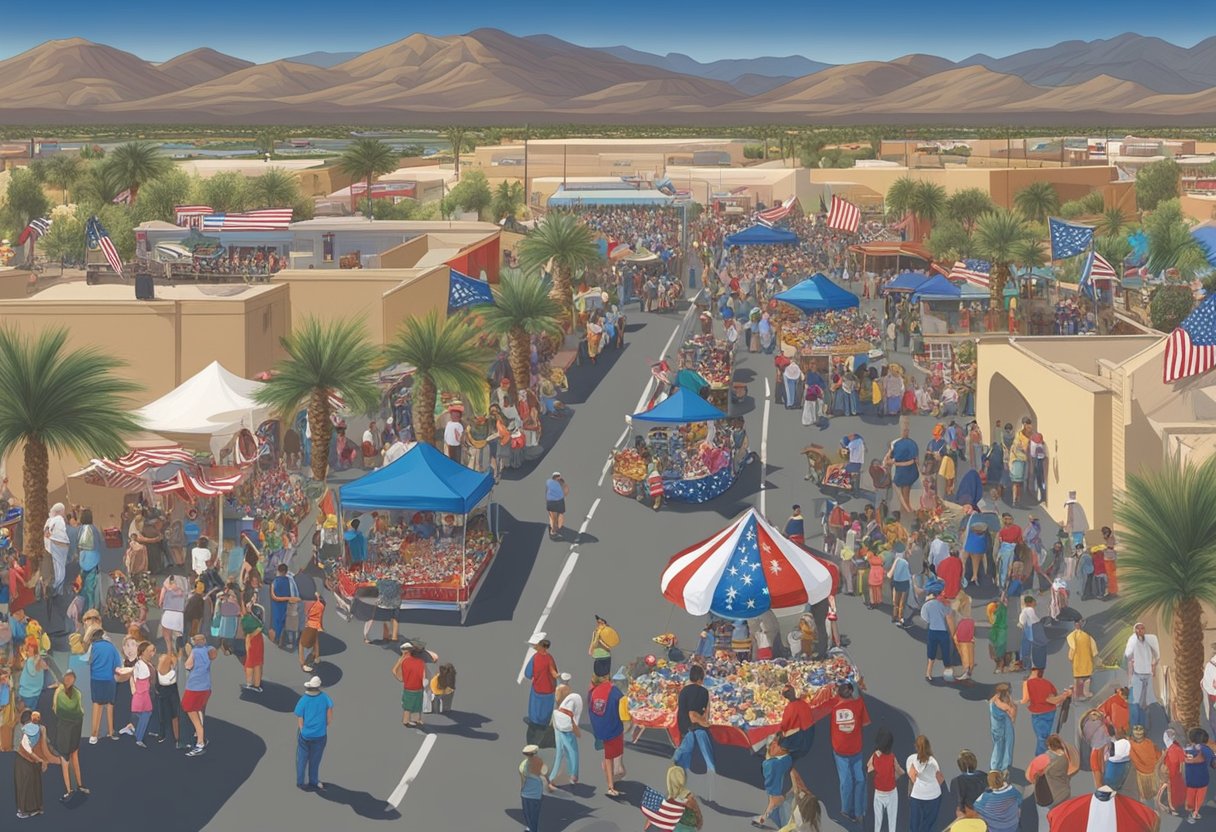 Crowds gather at Bullhead City's 4th of July events, following safety regulations. Festive decorations line the streets, and families enjoy fireworks and activities throughout the long weekend