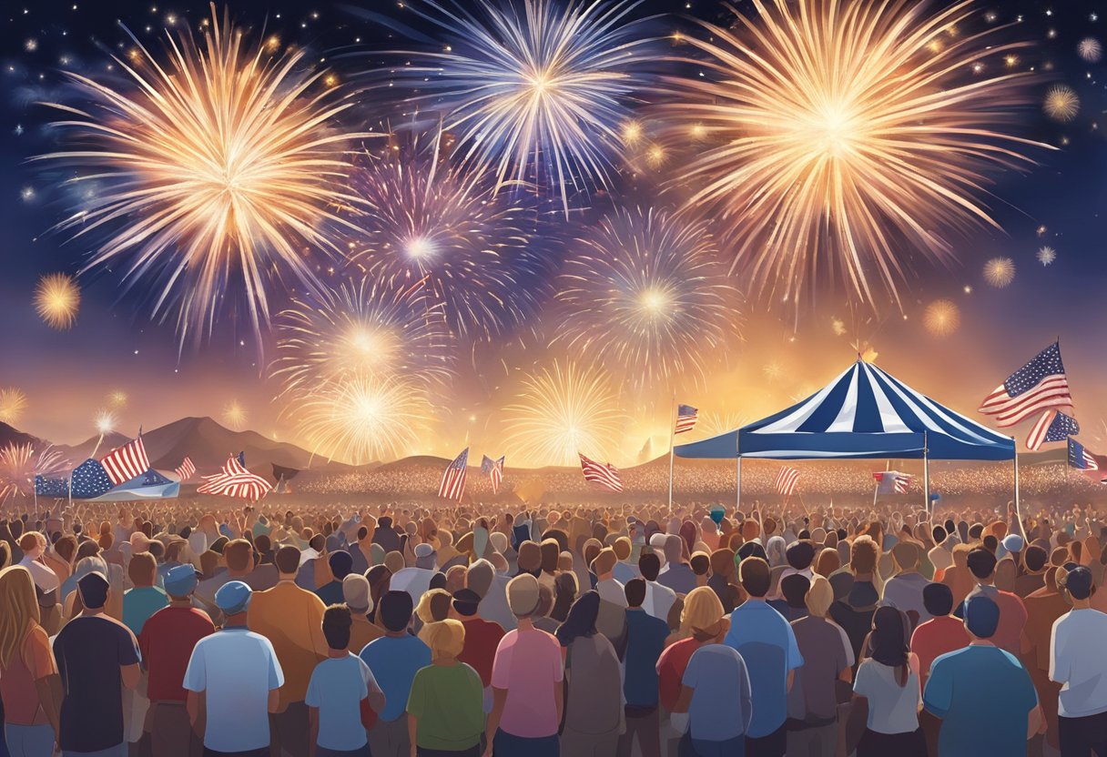 Crowds gather under fireworks at Bullhead City's 4th of July closing ceremonies. Flags wave and music fills the air in celebration