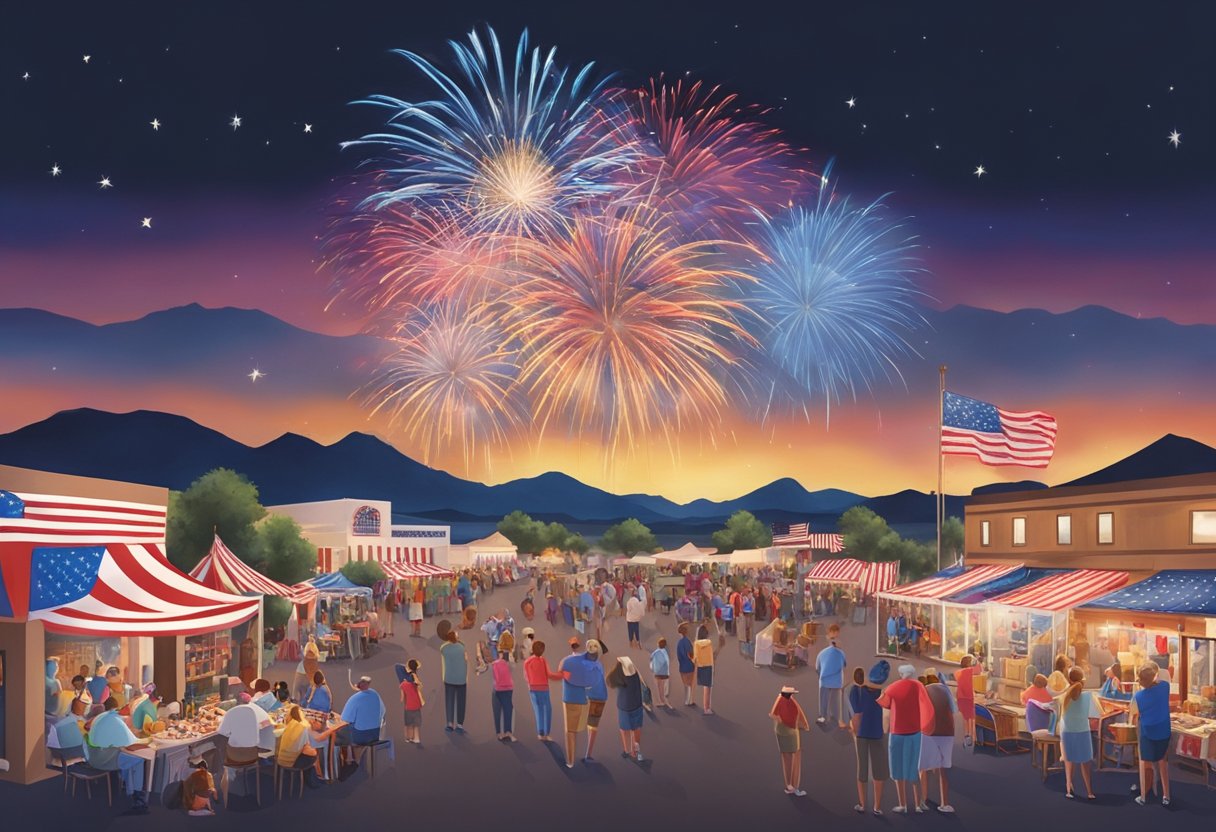 A bustling 4th of July event in Bullhead City with fireworks, live music, food vendors, and families enjoying the festivities