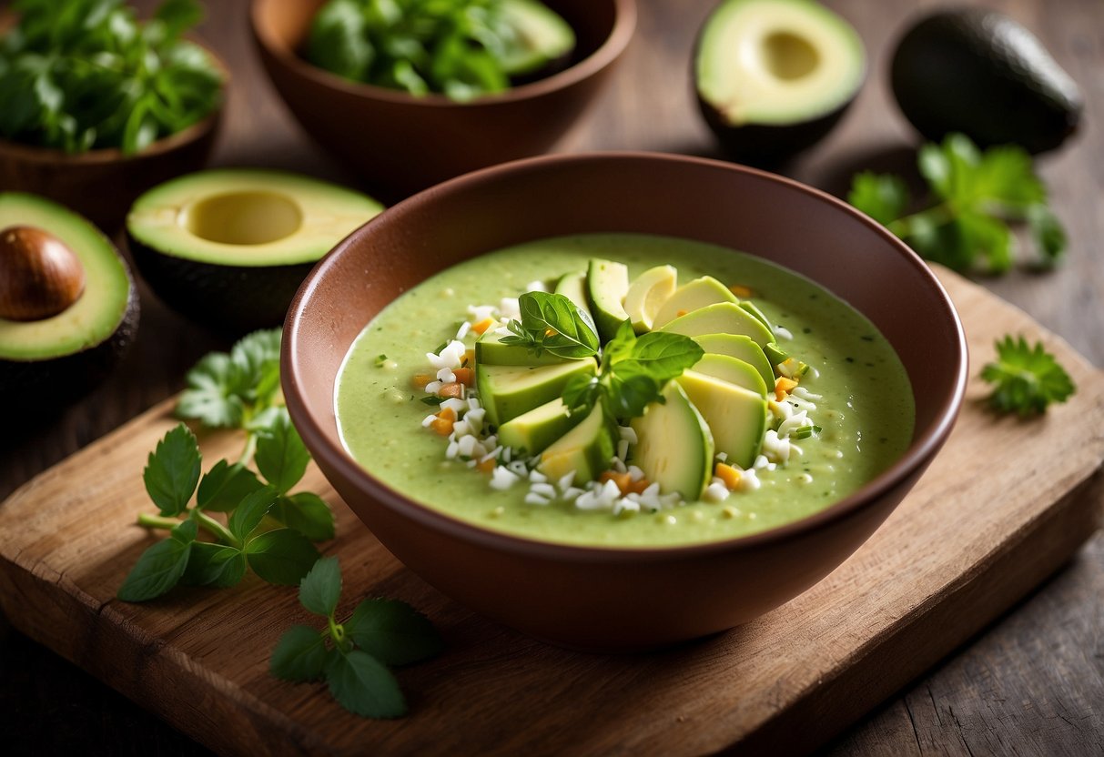 A bowl of creamy green gazpacho surrounded by sliced avocados and garnished with fresh herbs