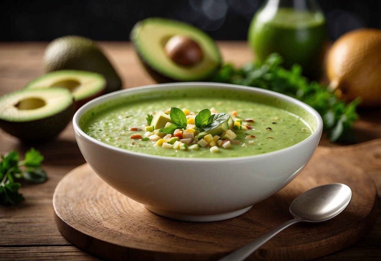 A bowl of creamy green gazpacho sits on a wooden table, garnished with slices of ripe avocado. A spoon rests beside the bowl, ready for serving