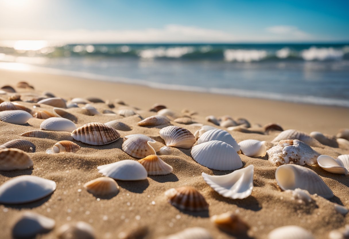 Sandy shorelines scattered with diverse seashells under a clear blue sky, waves gently rolling onto the beach, with seagulls soaring overhead