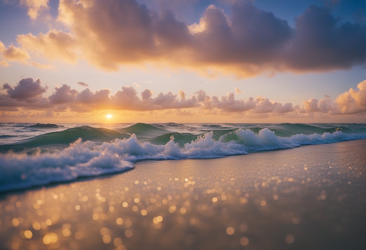 Sunset on Sanibel Island, waves gently washing over a pristine beach scattered with colorful shells