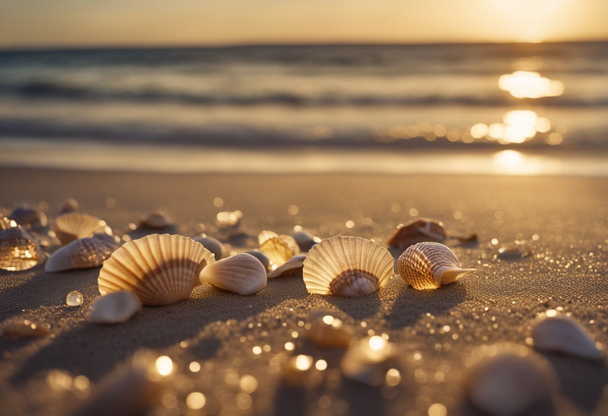 Golden sand stretches along the shore, littered with colorful seashells. Crystal-clear water gently laps at the beach, while palm trees sway in the warm breeze