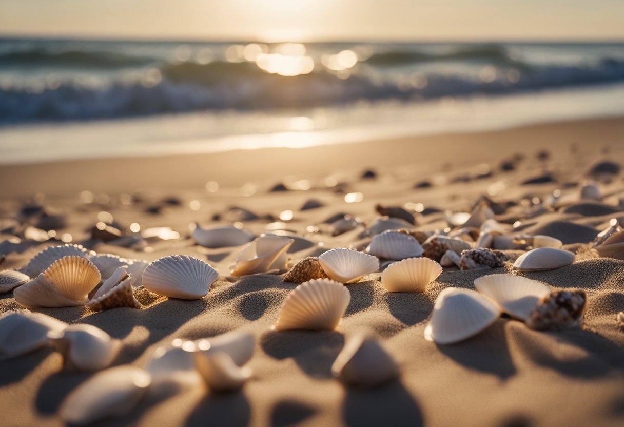 Sandy beach with seashells scattered along the shoreline, waves gently breaking in the background, and seagulls flying overhead