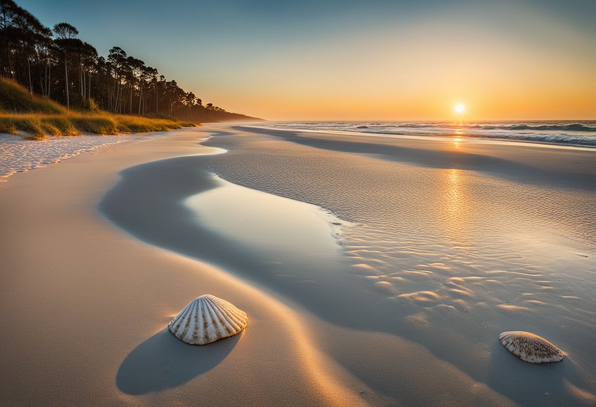 The sun sets over a pristine stretch of beach on Cumberland Island, Georgia. Seashells of all shapes and sizes litter the sand, glistening in the fading light. Waves gently lap at the shore, creating a peaceful and serene atmosphere