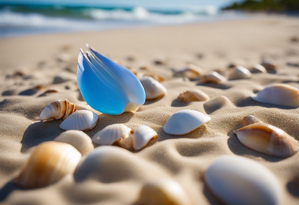 Gentle waves wash up colorful shells on the sandy shore of Pine Island, Florida. Palm trees sway in the breeze under a clear blue sky