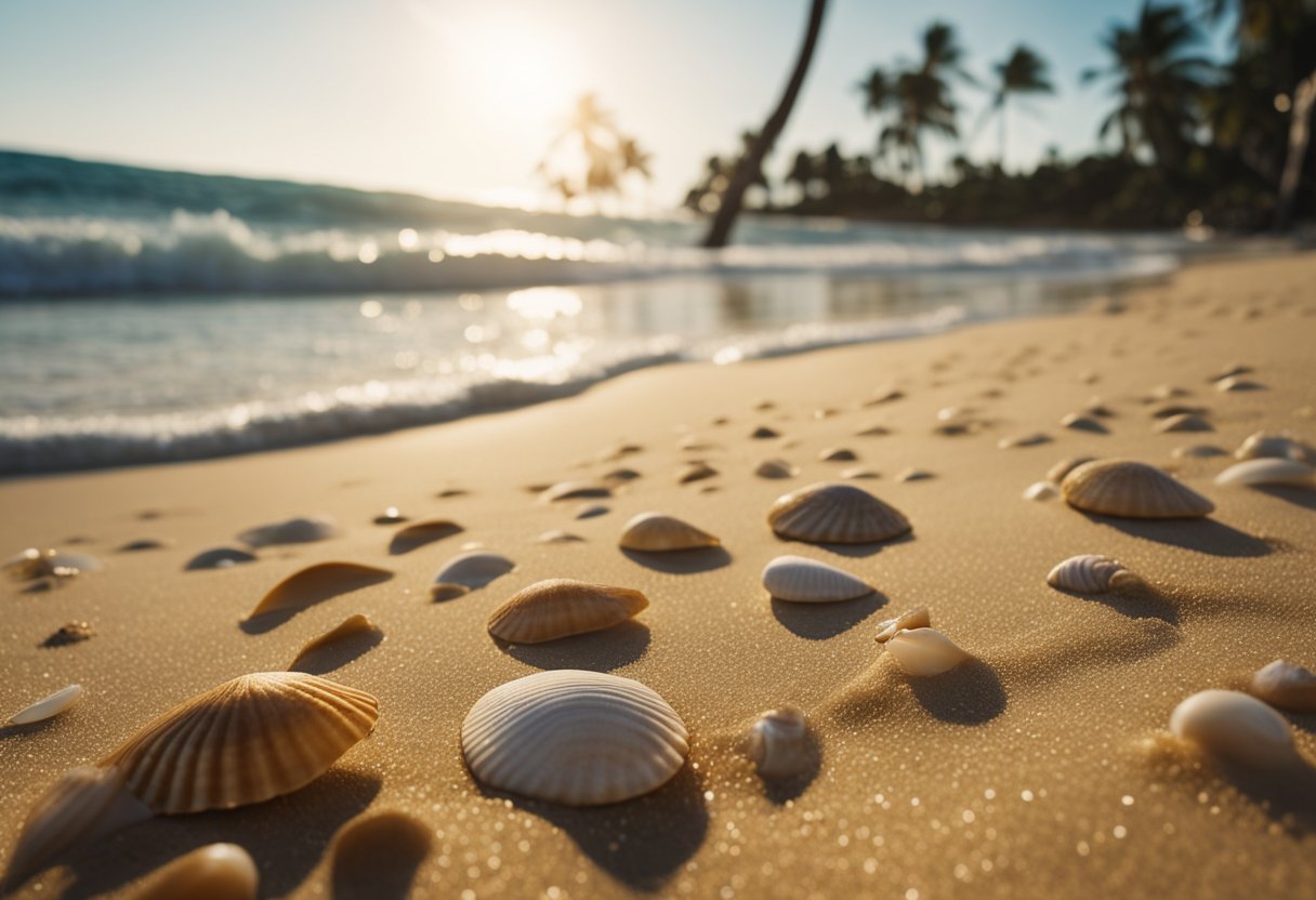 Golden sand stretches along the shore, scattered with colorful seashells. Waves gently roll in, creating a soothing sound. Palm trees sway in the breeze, framing the picturesque scene