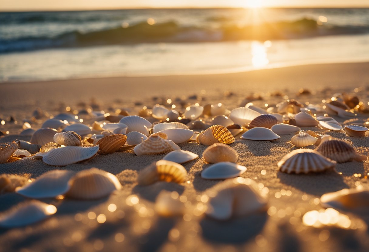 The sun sets over the sandy shores of Boca Grande, Florida, with seashells scattered across the beach, glistening in the golden light. Waves gently roll onto the shore, creating a peaceful and serene scene for shelling enthusiasts