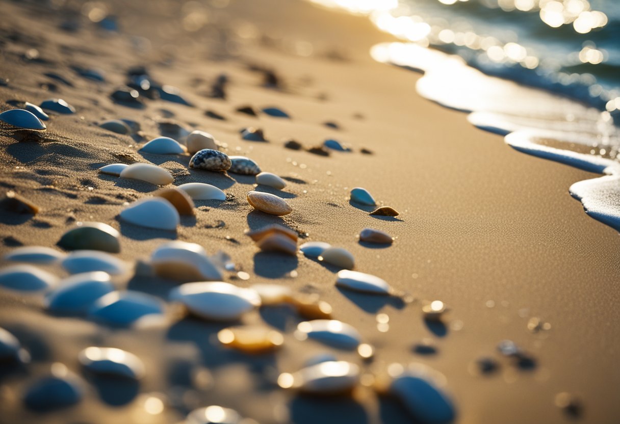 Golden sand stretches along the shoreline, scattered with colorful shells and sea treasures. Waves gently kiss the beach, while seagulls soar in the clear blue sky