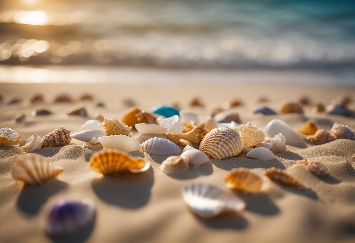 Golden sand stretches along the shoreline, scattered with an array of colorful seashells. The crystal-clear waters gently lap at the beach, creating a serene and picturesque scene for shelling enthusiasts