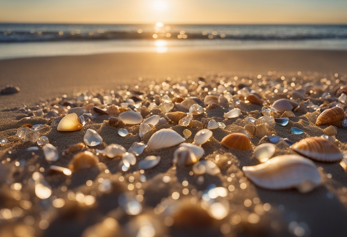 Golden sand stretches along the shoreline, scattered with an array of colorful seashells. Crystal clear waves gently lap at the beach, creating a serene and inviting atmosphere