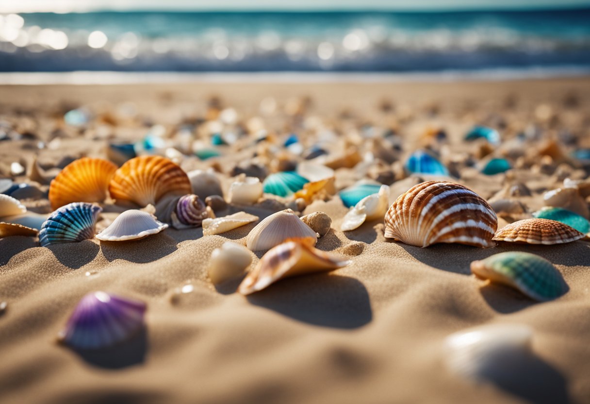 A collection of colorful shells scattered across a sandy beach with crashing waves in the background