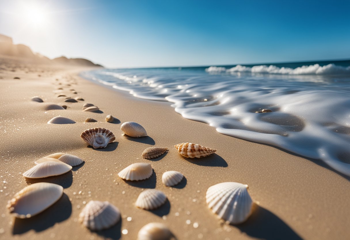 A sandy beach with scattered seashells, waves gently lapping the shore, and a clear blue sky overhead