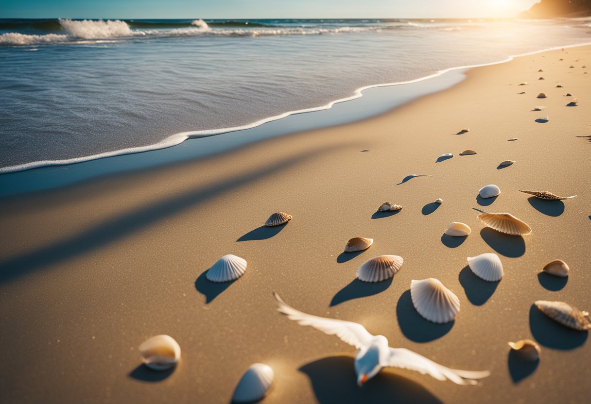 A sandy beach with scattered seashells, gentle waves, and a clear blue sky. Seagulls fly overhead as the sun shines down on the shoreline