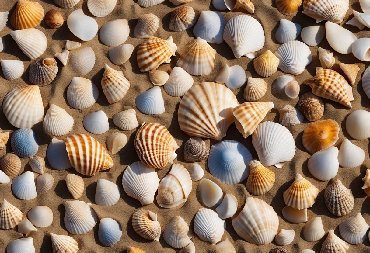 Colorful seashells scattered on a sandy beach, with waves gently lapping the shore and a clear blue sky overhead