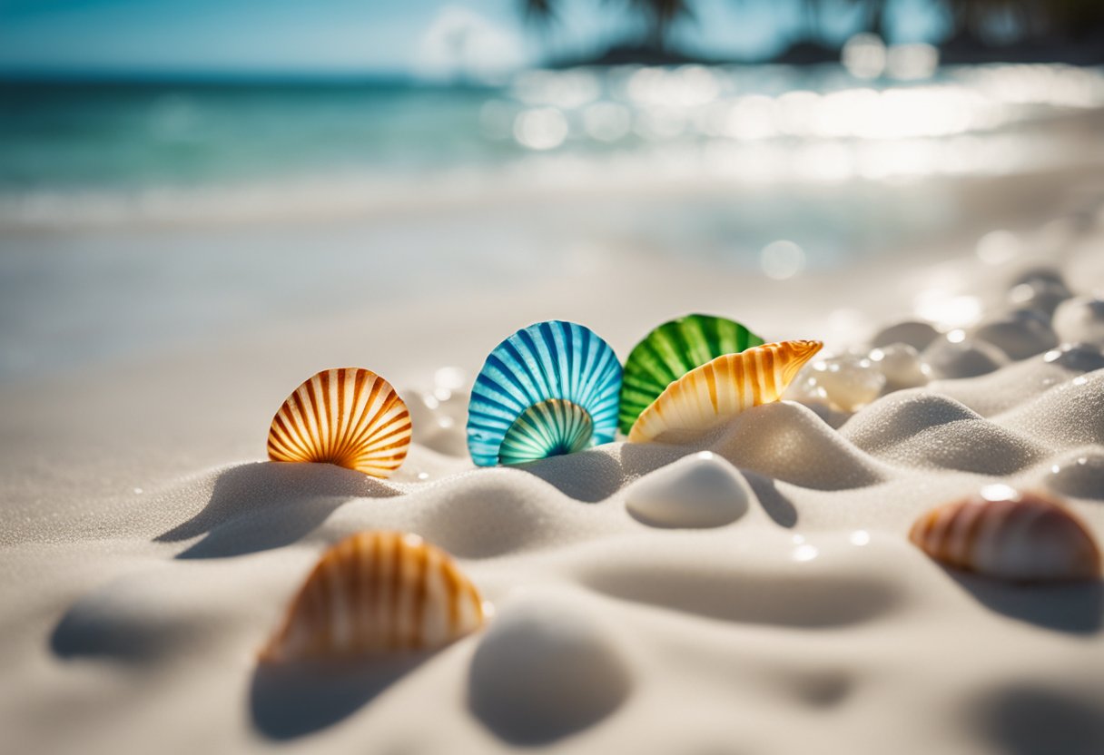 Crystal clear waters lap gently against the white sandy shore, revealing an array of colorful shells scattered along the beach. Palm trees sway in the warm breeze, creating a picturesque backdrop for shelling enthusiasts