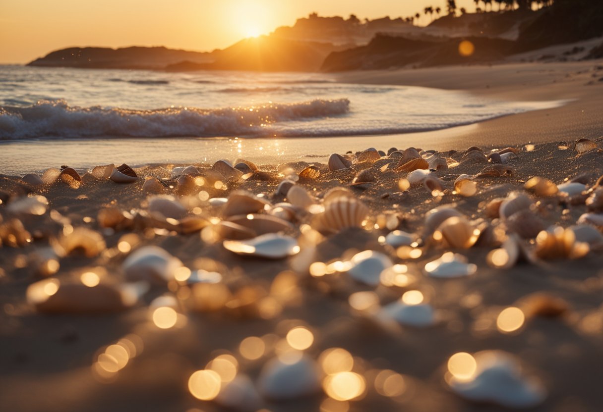 The sun sets over the sandy shore, revealing a plethora of seashells scattered along the beach, with gentle waves lapping at the coastline