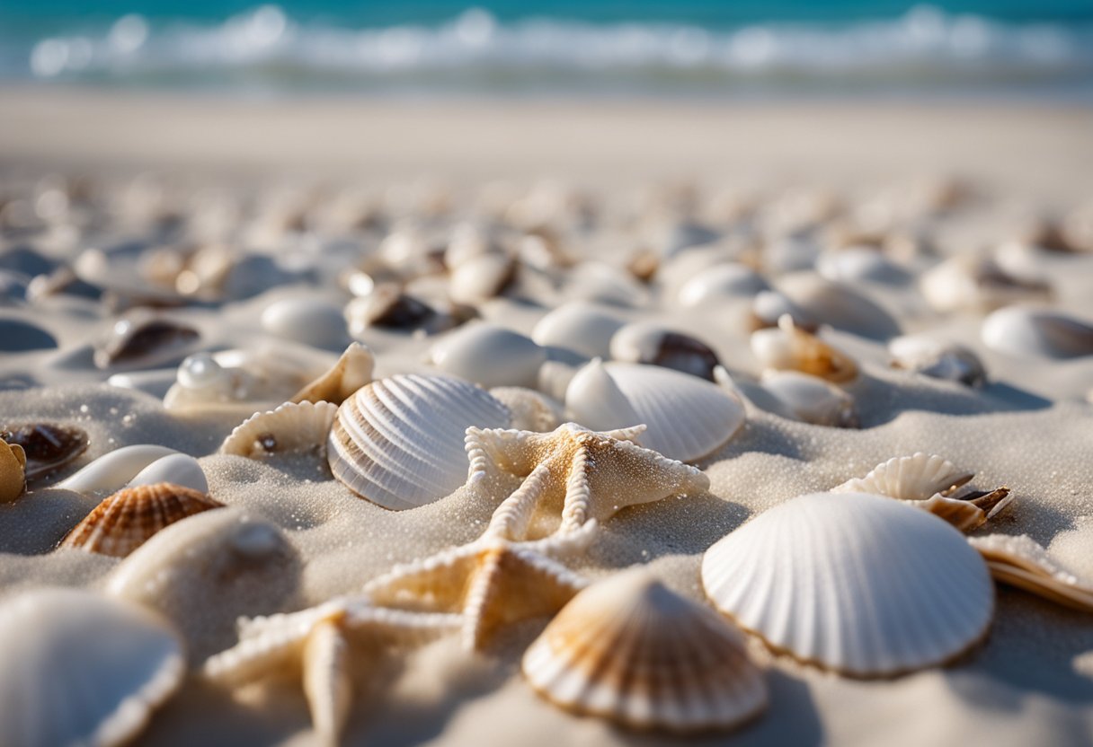 White sandy beach with scattered seashells, crystal clear water, and palm trees lining the shore on Captiva Island, Florida