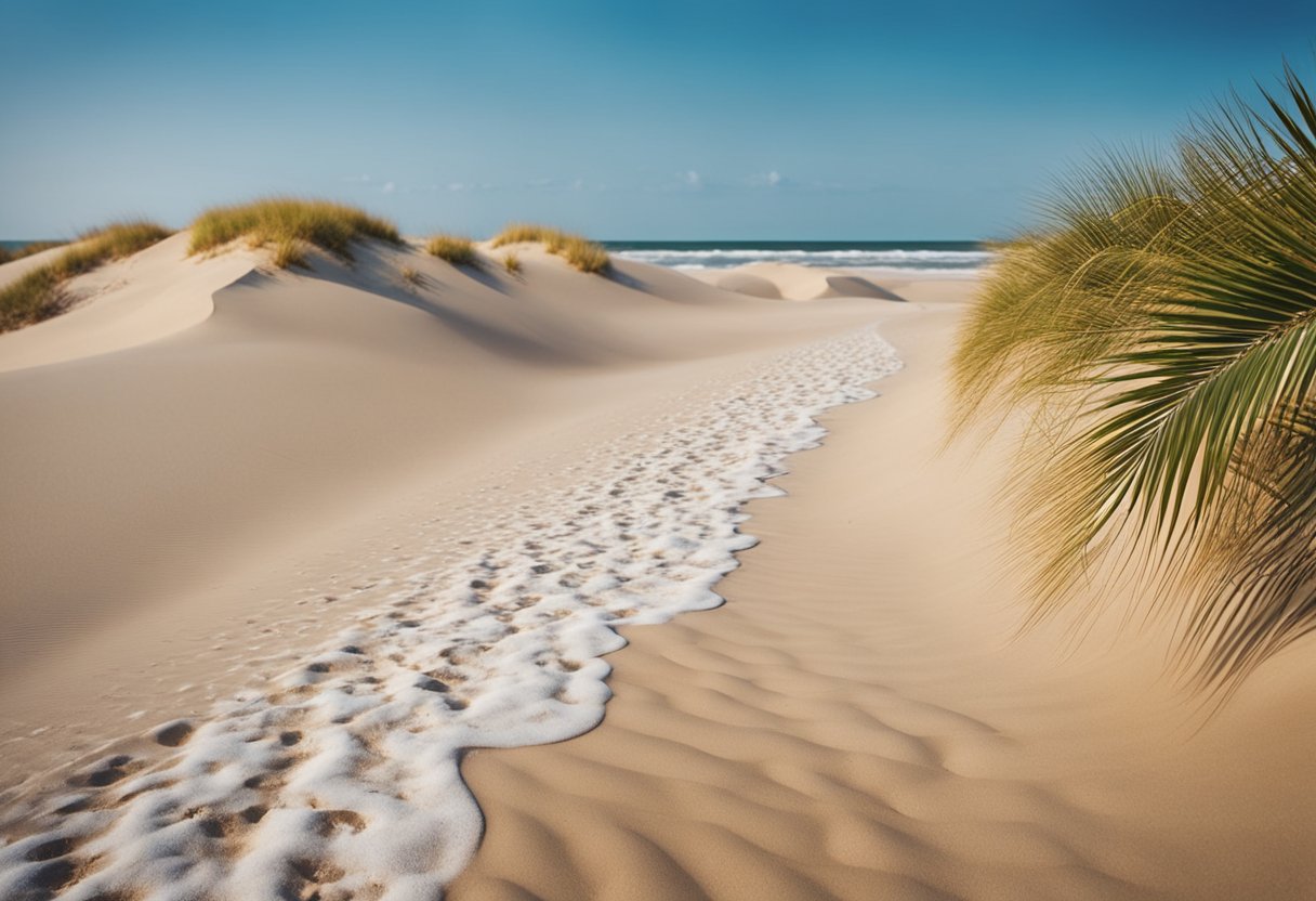 Golden sand dunes stretch along the shoreline, dotted with colorful seashells. Waves gently lap at the beach, while palm trees sway in the breeze