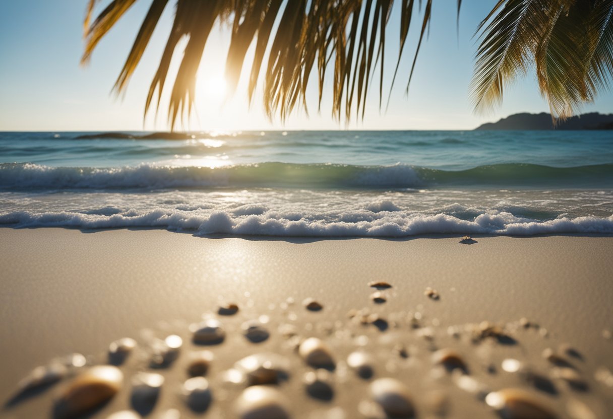 Sandy beaches lined with seashells, waves gently washing ashore, palm trees swaying in the breeze, and clear blue skies overhead