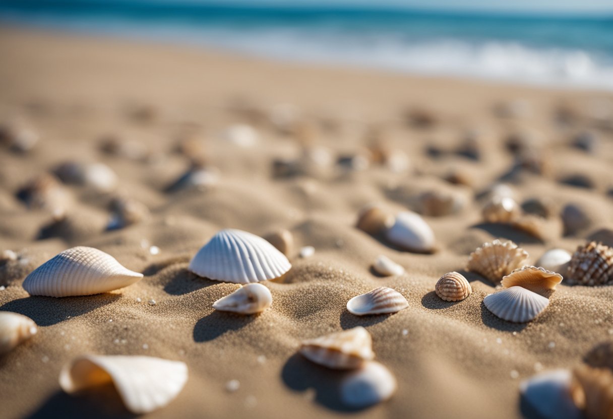 A sandy beach with seashells scattered across the shore, waves gently rolling in, and a clear blue sky overhead