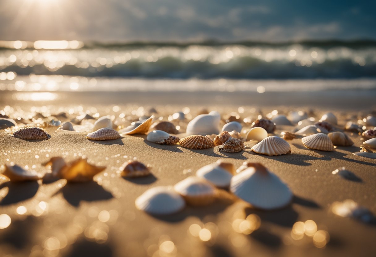 Golden sunlight bathes the pristine shoreline, littered with colorful seashells. Gentle waves caress the powdery sand, as seagulls soar overhead