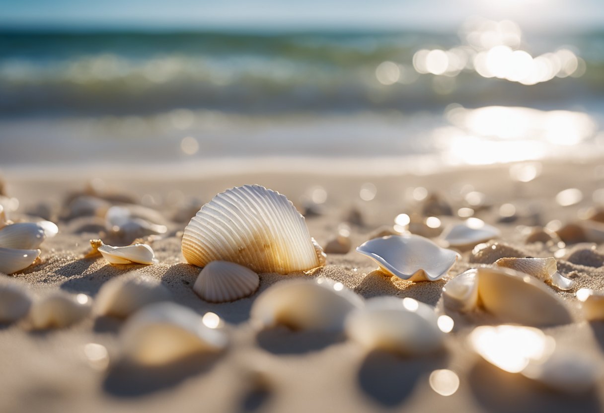 Glistening shells cover the sandy shore of Lovers Key State Park, with gentle waves lapping at the coastline under the bright Florida sun