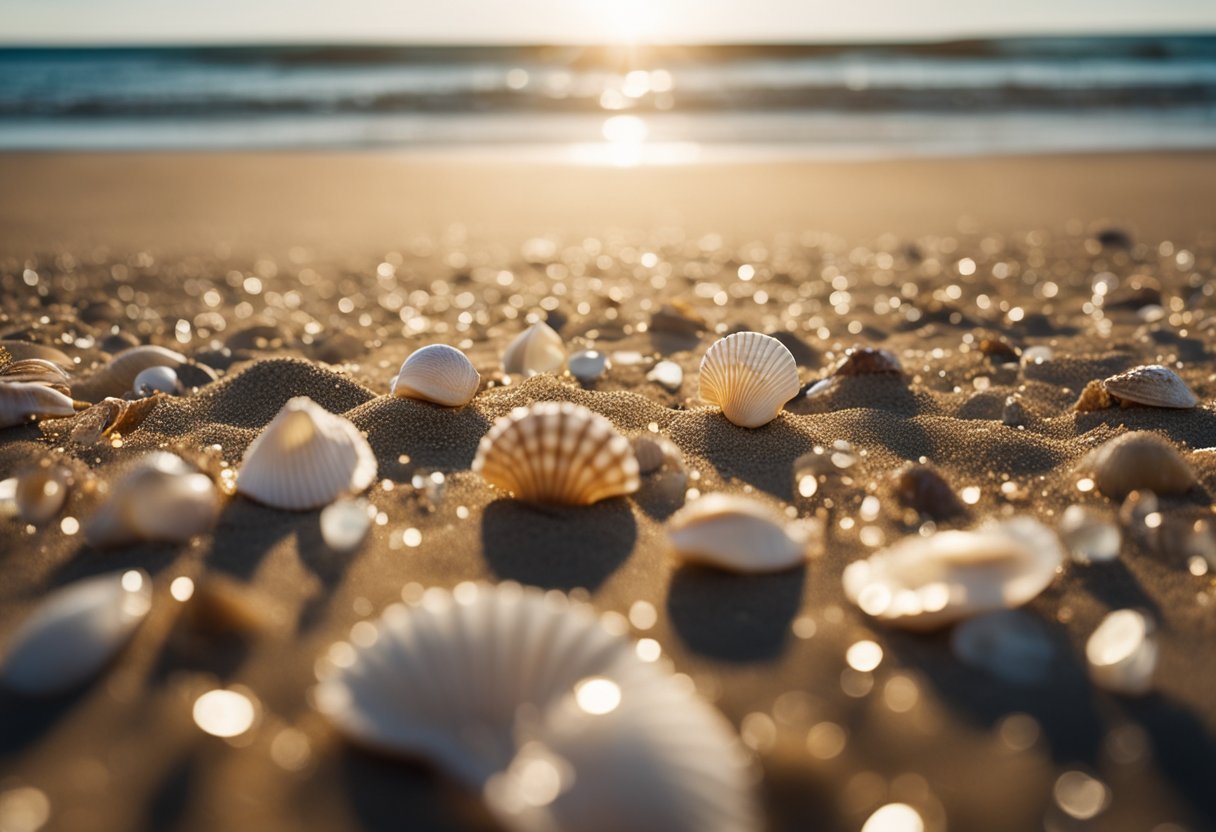 Golden sand, crystal clear water, and an abundance of seashells scattered along the shoreline. Waves gently crash against the beach, creating a peaceful and serene atmosphere